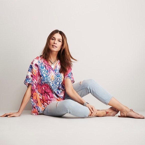 Chicos colorful Ikat-Print Split-Neck Blouse top size 3 - Picture 2 of 16